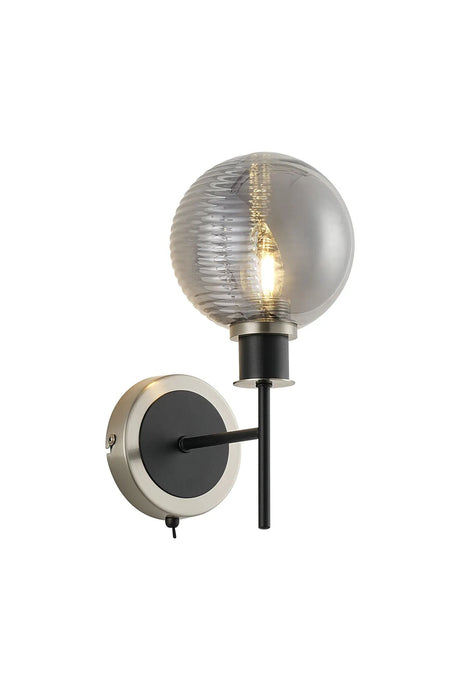 Stevens Switched Wall Light, 1 x E14 With 15cm Round Double Textured Smooth/Ribbed Glass Shade, Satin Nickel, Smoke Plated & Satin Black