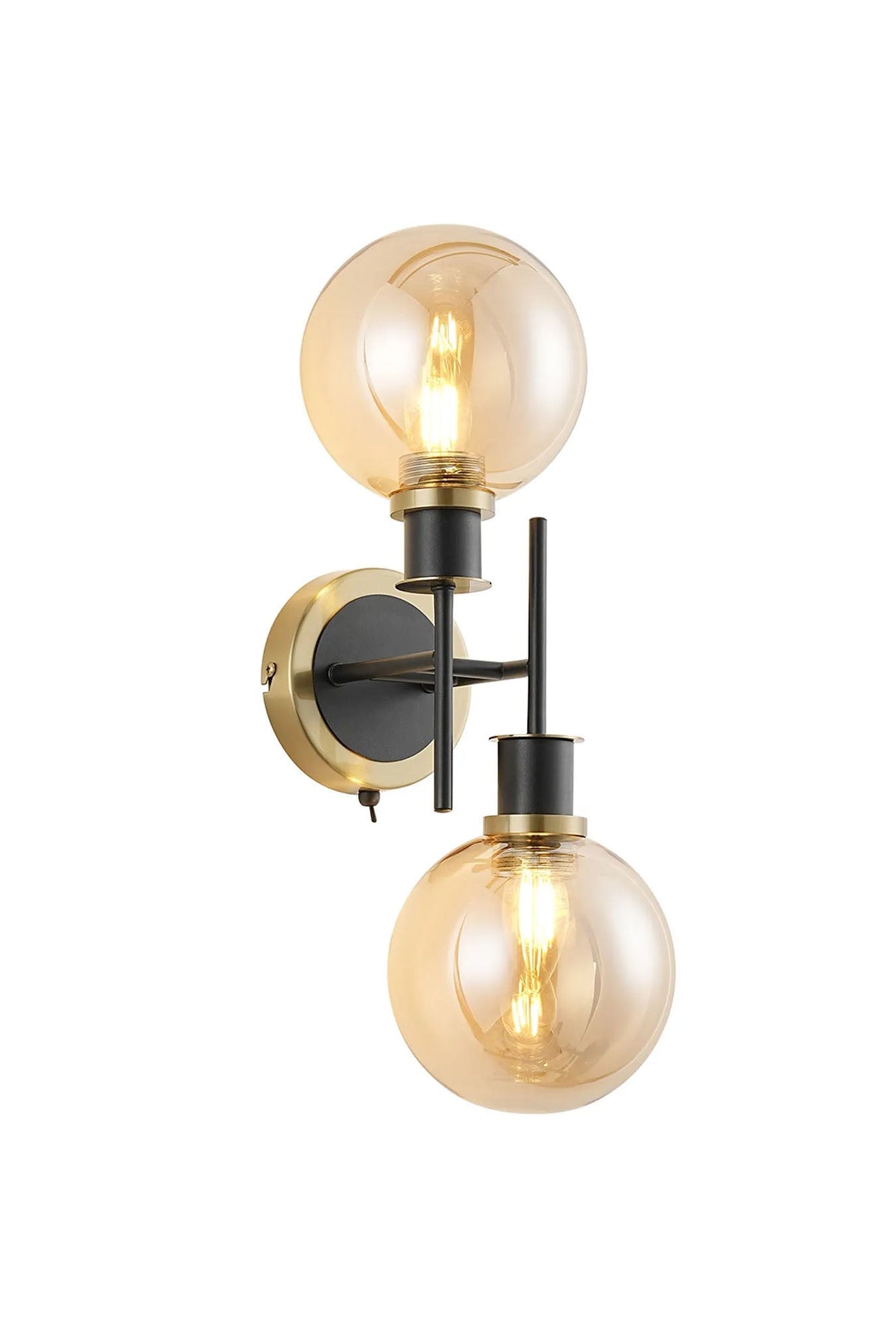 Stevens Switched Wall Light, 2 x E14 With 15cm Round Glass Shade, Brass, Amber Plated & Satin Black