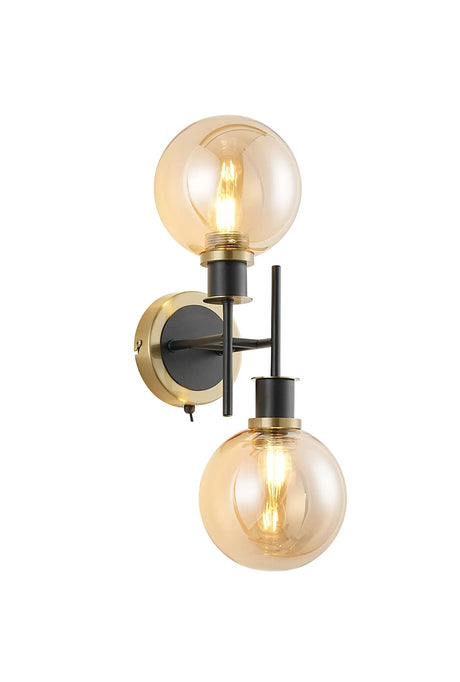 Stevens Switched Wall Light, 2 x E14 With 15cm Round Glass Shade, Brass, Amber Plated & Satin Black