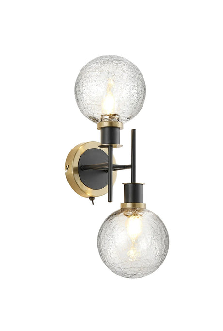 Stevens Switched Wall Light, 2 x E14 With 15cm Round Crackled Glass Shade, Brass, Clear & Satin Black