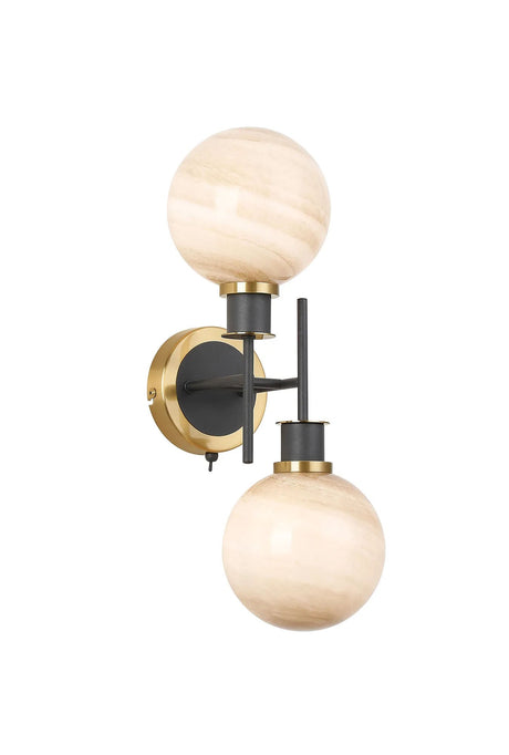 Stevens Switched Wall Light, 2 Light E14 With 15cm Round Dark Beige Marble Effect Glass Shade, Brass & Satin Black Framework