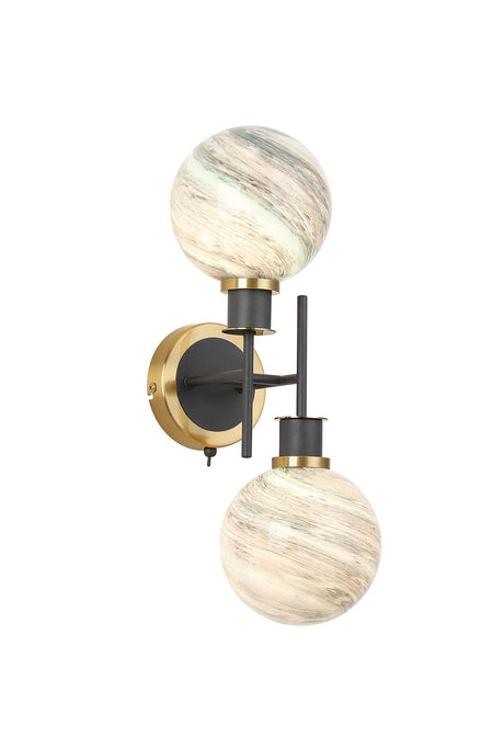 Stevens Switched Wall Light, 2 Light E14 With 15cm Round Dark Green Marble Effect Glass Shade, Brass & Satin Black Framework