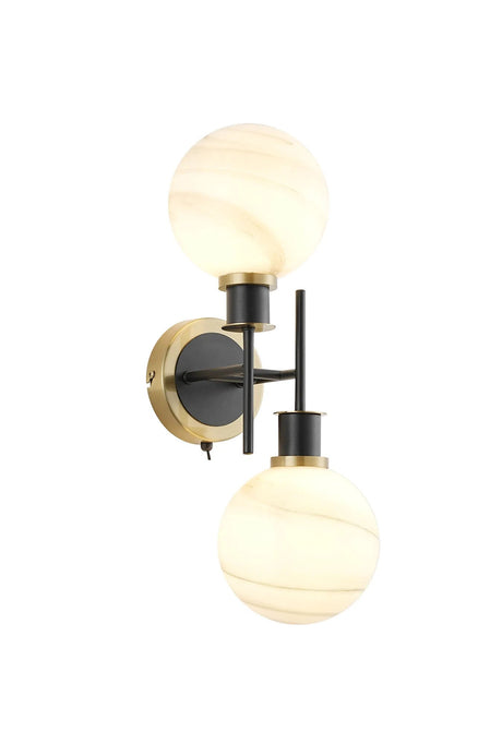 Stevens Switched Wall Light, 2 x E14 With 15cm Round Marble Effect Glass Shade, Brass, White & Satin Black