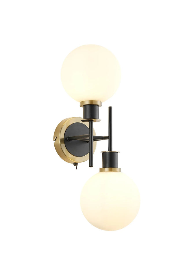 Stevens Switched Wall Light, 2 x E14 With 15cm Round Glass Shade, Brass, Opal & Satin Black