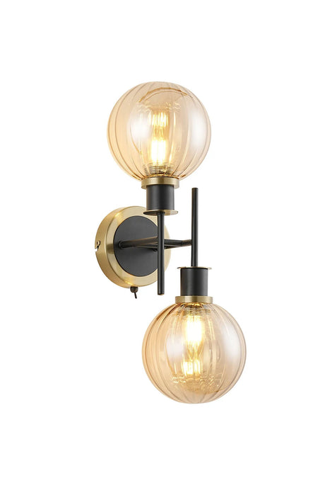 Stevens Switched Wall Light, 2 x E14 With 15cm Round Segment Glass Shade, Brass, Amber Plated & Satin Black