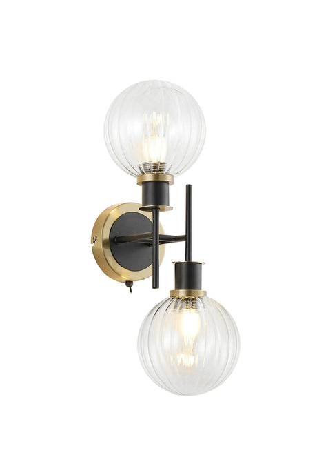 Stevens Switched Wall Light, 2 x E14 With 15cm Round Segment Glass Shade, Brass, Clear & Satin Black