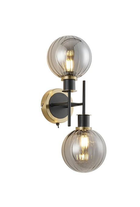 Stevens Switched Wall Light, 2 x E14 With 15cm Round Segment Glass Shade, Brass, Smoke Plated & Satin Black