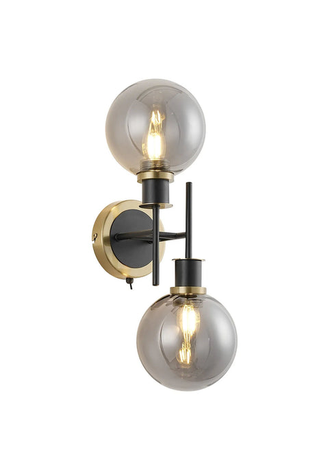 Stevens Switched Wall Light, 2 x E14 With 15cm Round Glass Shade, Brass, Smoke Plated & Satin Black