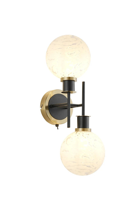 Stevens Switched Wall Light, 2 x E14 With 15cm Round Speckled Glass Shade, Brass, White & Satin Black