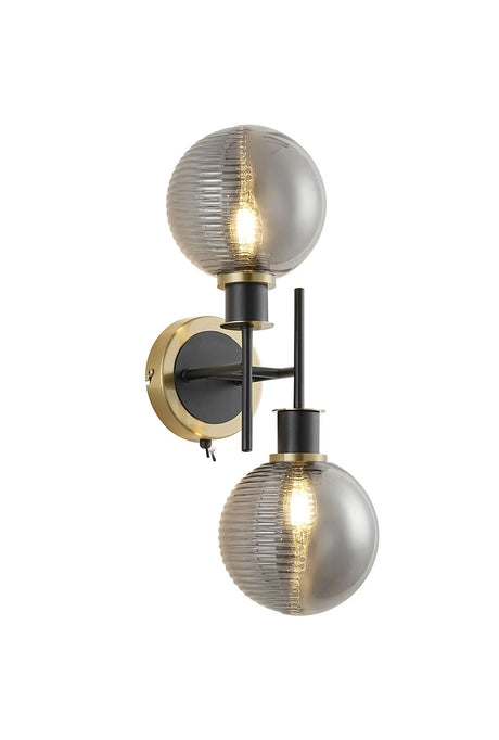 Stevens Switched Wall Light, 2 x E14 With 15cm Round Double Textured Smooth/Ribbed Glass Shade, Brass, Smoke Plated & Satin Black