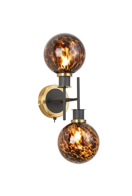 Stevens Switched Wall Light, 2 Light E14 With 15cm Round Brown & Amber Tortoise Shell Glass Shade, Brass & Satin Black
