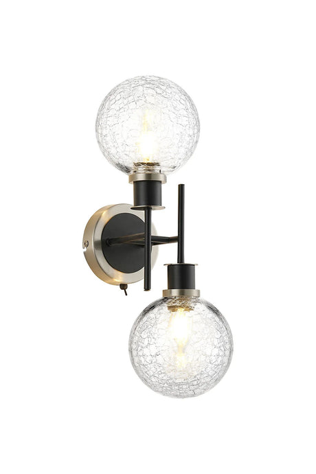 Stevens Switched Wall Light, 2 x E14 With 15cm Round Crackled Glass Shade, Satin Nickel, Clear & Satin Black