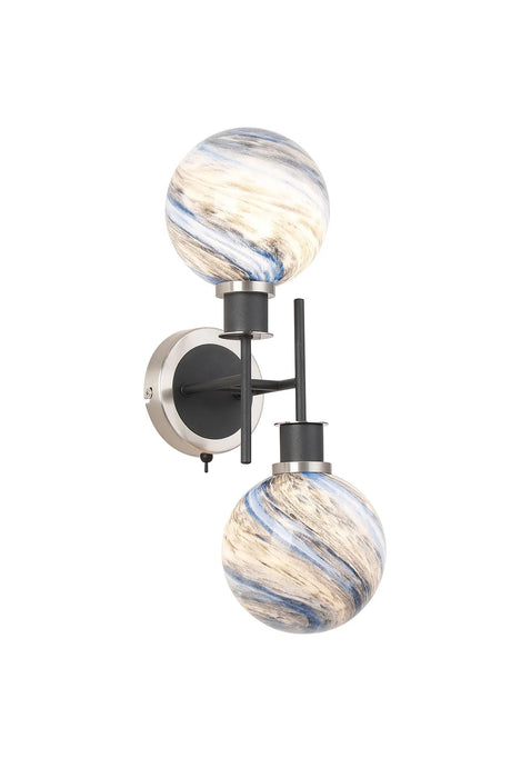 Stevens Switched Wall Light, 2 Light E14 With 15cm Round Dark Blue Marble Effect Glass Shade, Satin Nickel & Satin Black Framework