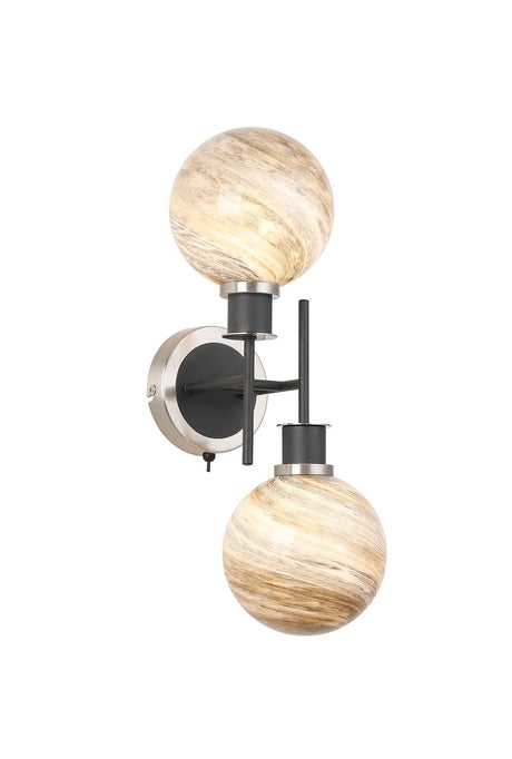 Stevens Switched Wall Light, 2 Light E14 With 15cm Round Light Grey Marble Effect Glass Shade, Satin Nickel & Satin Black Framework