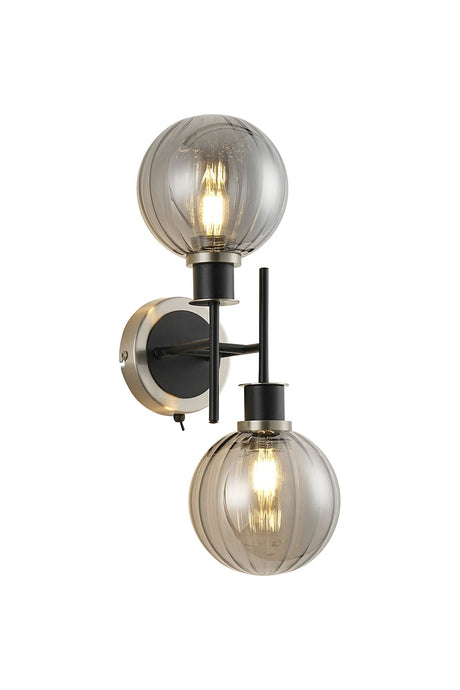 Stevens Switched Wall Light, 2 x E14 With 15cm Round Segment Glass Shade, Satin Nickel, Smoke Plated & Satin Black
