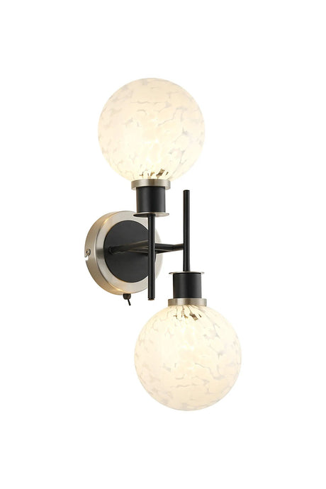 Stevens Switched Wall Light, 2 x E14 With 15cm Round Speckled Glass Shade, Satin Nickel, White & Satin Black
