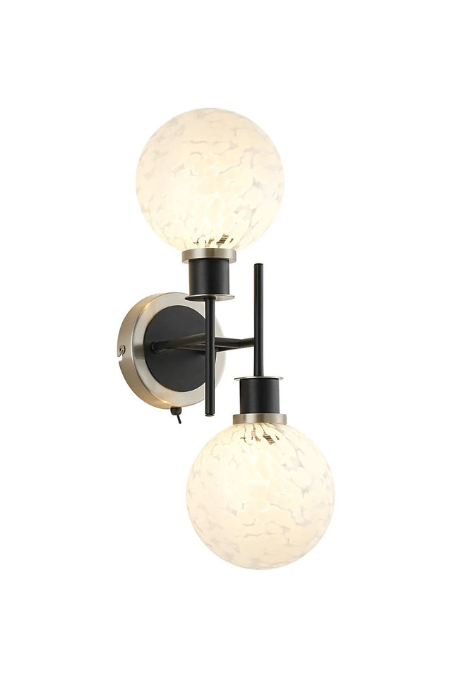Stevens Switched Wall Light, 2 x E14 With 15cm Round Speckled Glass Shade, Satin Nickel, White & Satin Black