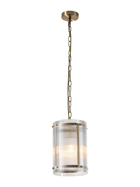 Stuckey 20.5cm Pendant, 1 x E27, Antique Brass / Narrow Ribbed Clear (B) Glass