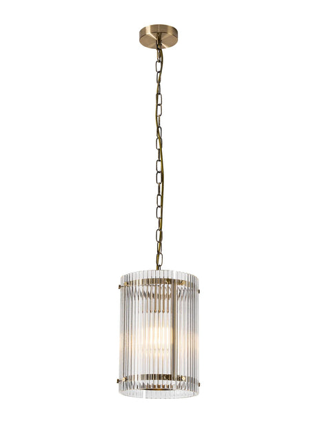 Stuckey 20.5cm Pendant, 1 x E27, Antique Brass / Wide Ribbed Clear (C) Glass
