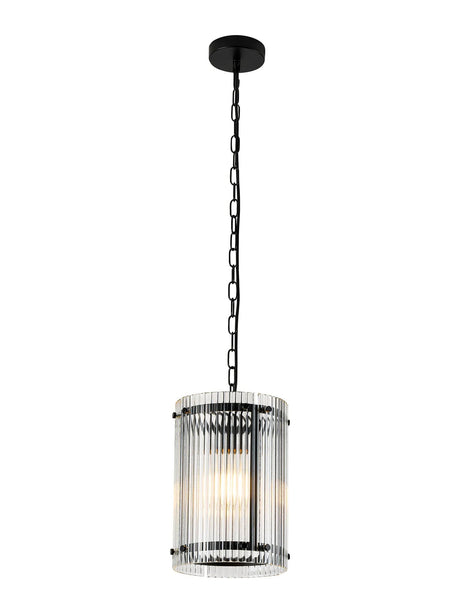 Stuckey 20.5cm Pendant, 1 x E27, Matt Black / Wide Ribbed Clear (C) Glass