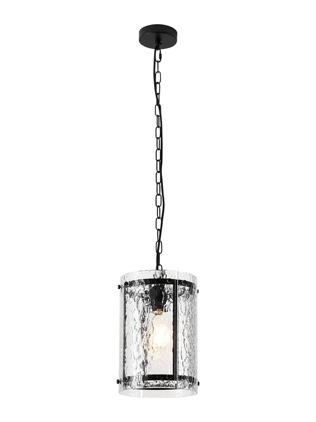 Stuckey 20.5cm Pendant, 1 x E27, Matt Black / Cobbled Clear (D) Glass