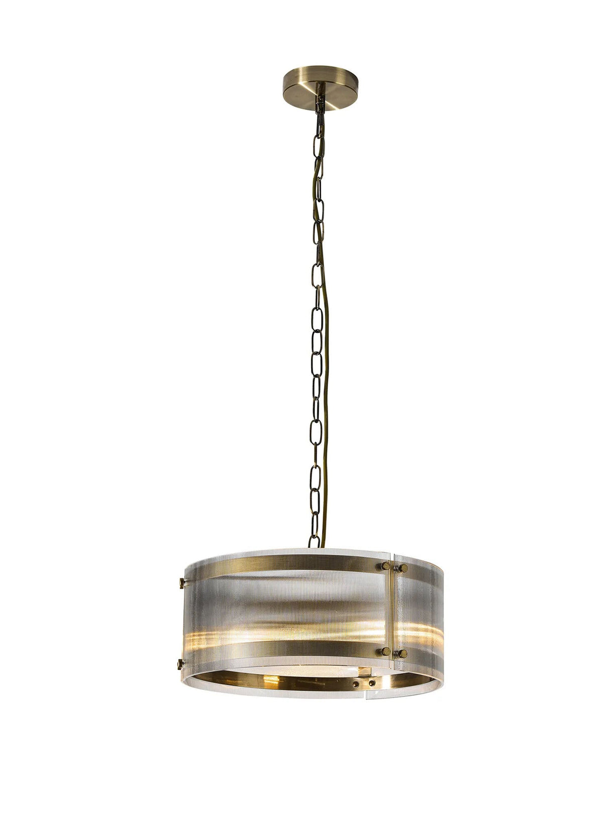 Stuckey 35cm Pendant, 2 x E27, Antique Brass / Narrow Ribbed Clear (B) Glass