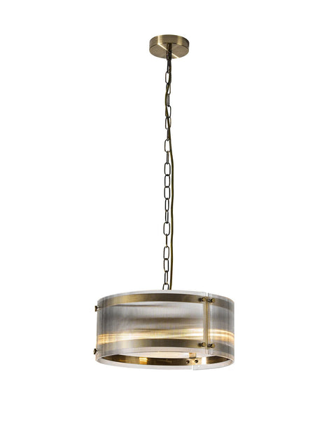 Stuckey 35cm Pendant, 2 x E27, Antique Brass / Narrow Ribbed Clear (B) Glass