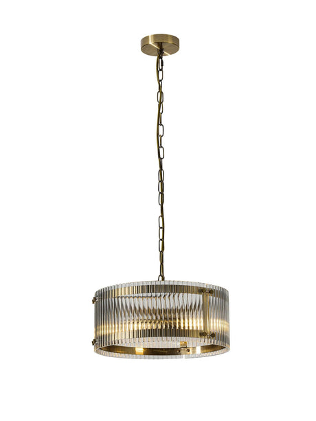 Stuckey 35cm Pendant, 2 x E27, Antique Brass / Wide Ribbed Clear (C) Glass