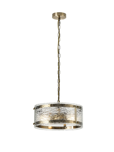 Stuckey 35cm Pendant, 2 x E27, Antique Brass / Cobbled Clear (D) Glass