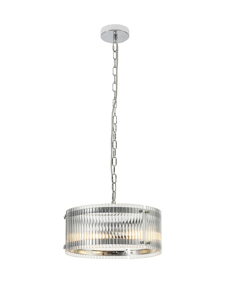 Stuckey 35cm Pendant, 2 x E27, Polished Chrome / Wide Ribbed Clear (C) Glass