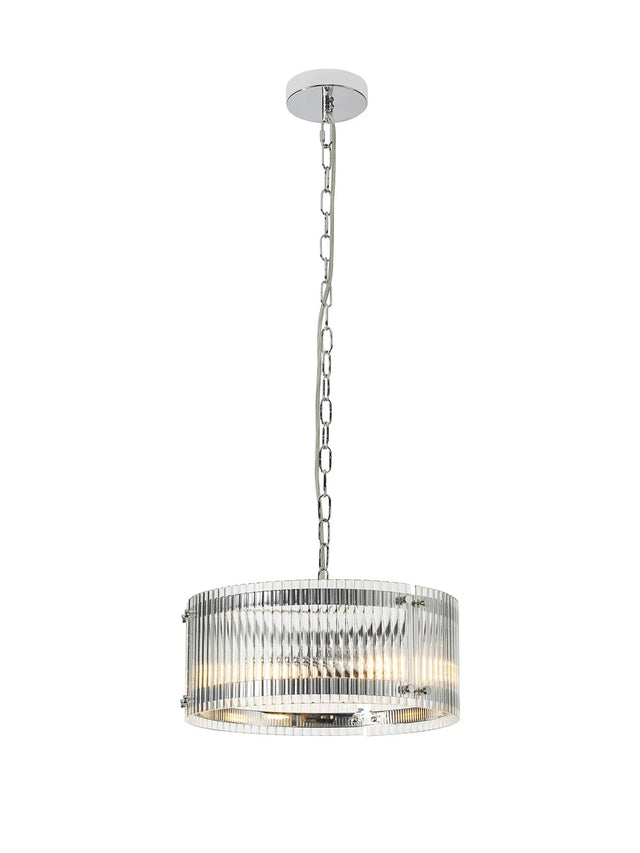 Stuckey 35cm Pendant, 2 x E27, Polished Chrome / Wide Ribbed Clear (C) Glass
