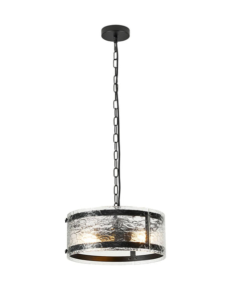 Stuckey 35cm Pendant, 2 x E27, Matt Black / Cobbled Clear (D) Glass