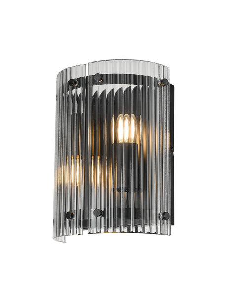 Stuckey Wall x, 2 x E27, Matt Black / Wide Ribbed Clear (C) Glass