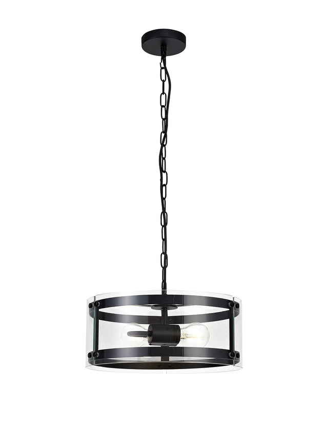 Stuckey Pendant, 2 x E27, Matt Black / Plain Clear (A) Glass