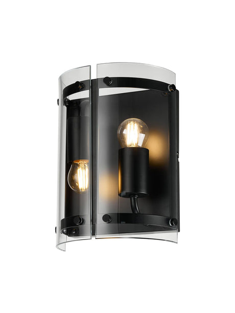 Stuckey Wall Light, 2 x E27, Matt Black / Plain Clear (A) Glass
