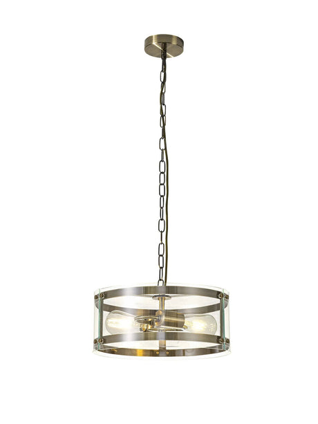 Stuckey Pendant, 2 x E27, Antique Brass / Plain Clear (A) Glass