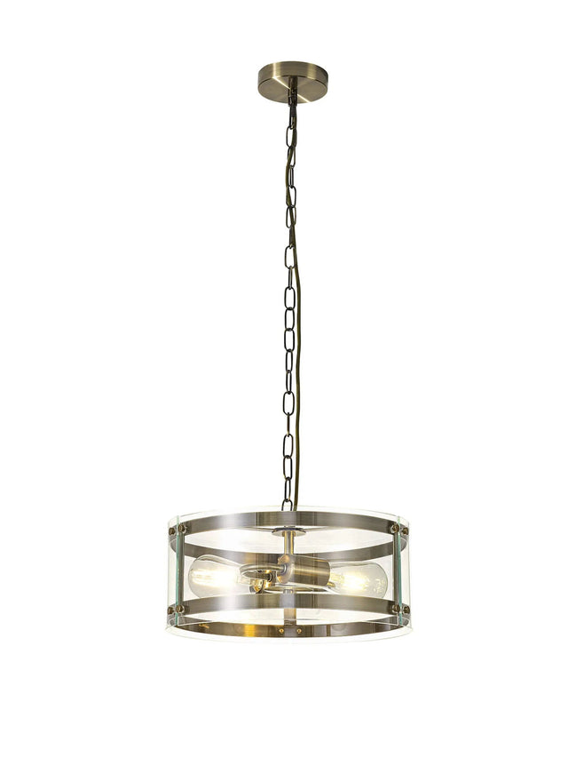 Stuckey Pendant, 2 x E27, Antique Brass / Plain Clear (A) Glass