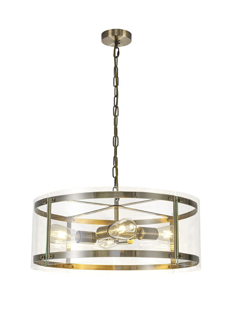Stuckey Pendant, 4 x E27, Antique Brass / Plain Clear (A) Glass