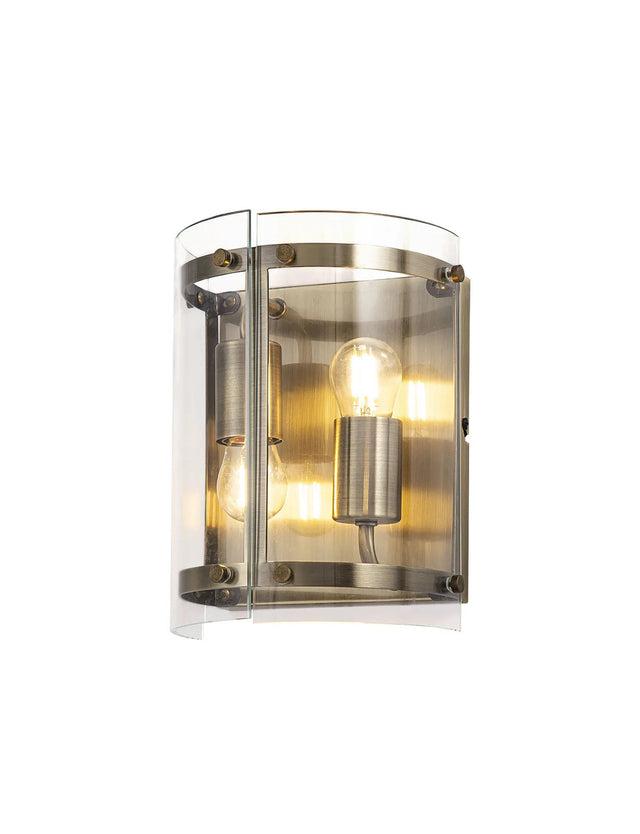 Stuckey Wall Light, 2 x E27, Antique Brass / Plain Clear (A) Glass