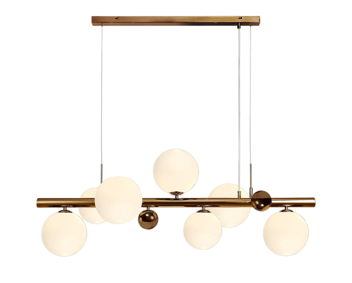 Suggett Linear Pendant , 7 x G9, Antique Copper, Opal & Copper Glass