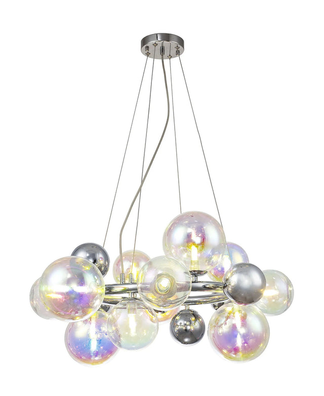 Suggett Circular Pendant, 12 x G9, Polished Chrome, Iridescent/Chrome Glass