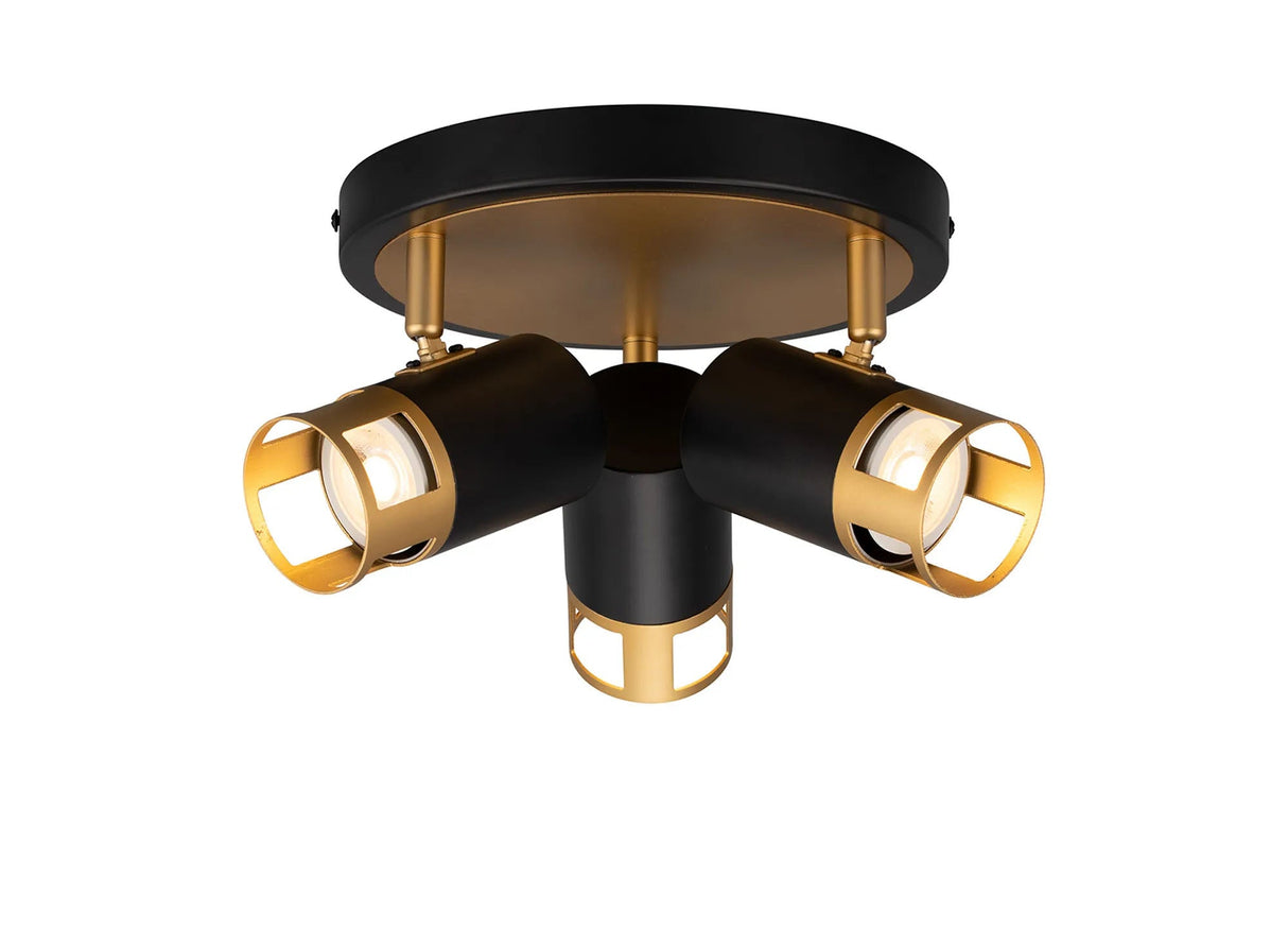 Swinburn 3 Light Round Spotlight GU10, Black/Painted Gold