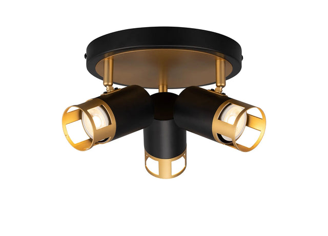 Swinburn 3 Light Round Spotlight GU10, Black/Painted Gold