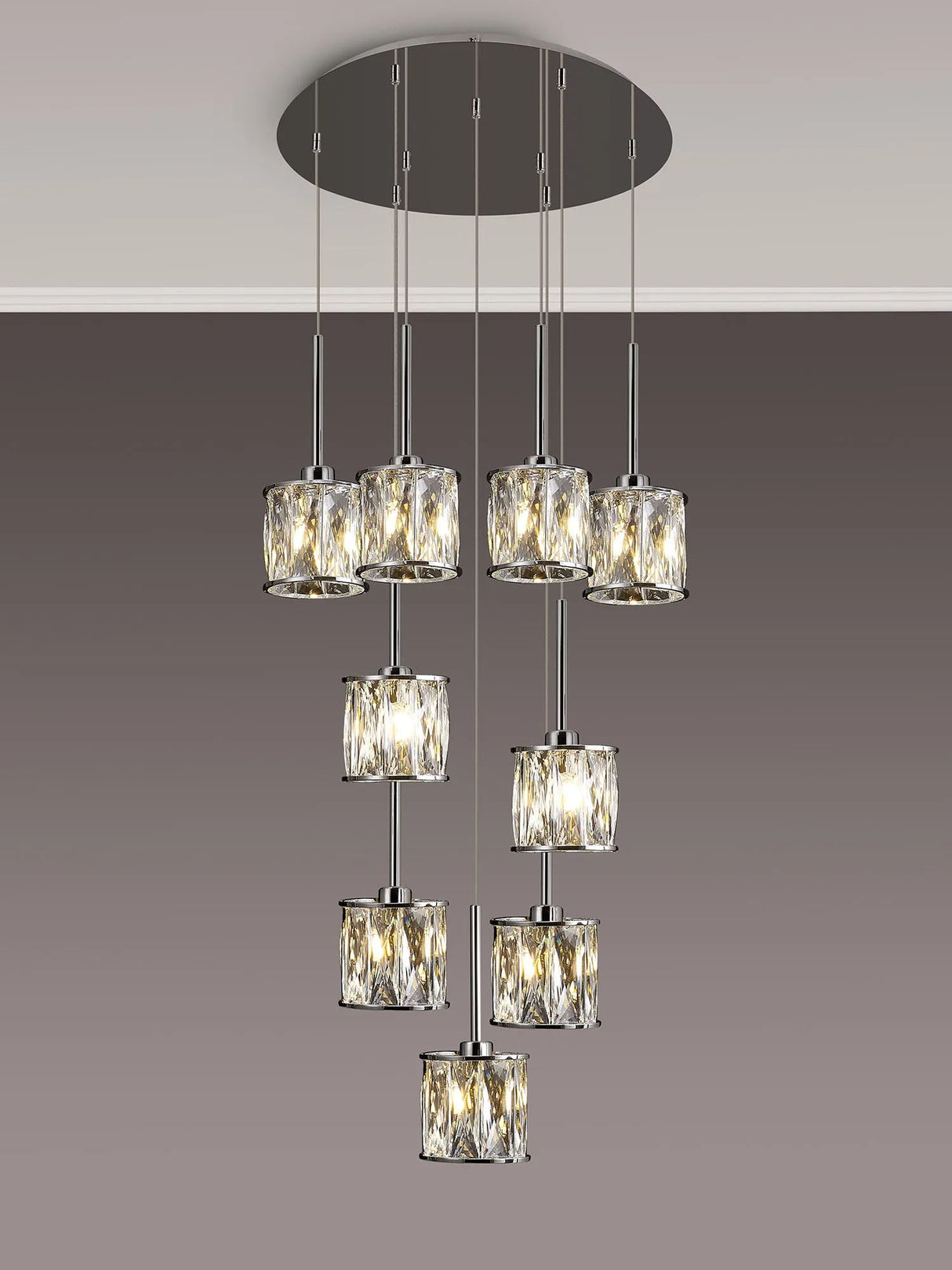 Swindlehirs 9 x G9 2.5m Round Multiple Pendant Chrome/Clear Crystal Shade
