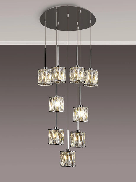 Swindlehirs 9 x G9 2.5m Round Multiple Pendant Chrome/Clear Crystal Shade