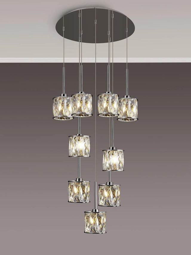 Swindlehirs 9 x G9 2.5m Round Multiple Pendant Chrome/Clear Crystal Shade