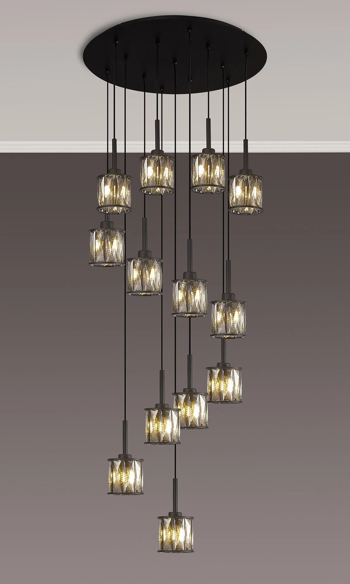 Swindlehirs 13 x G9 2.5m Round Multiple Pendant Satin Black/Smoke Crystal Shade