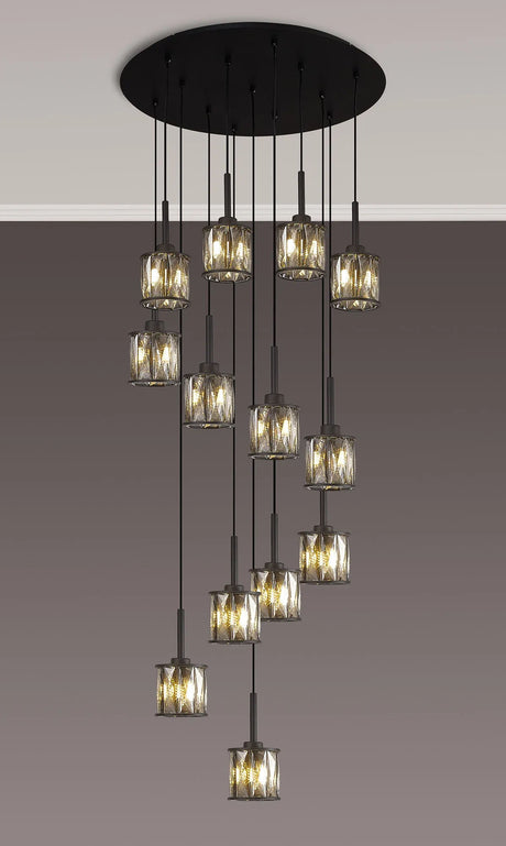 Swindlehirs 13 x G9 2.5m Round Multiple Pendant Satin Black/Smoke Crystal Shade