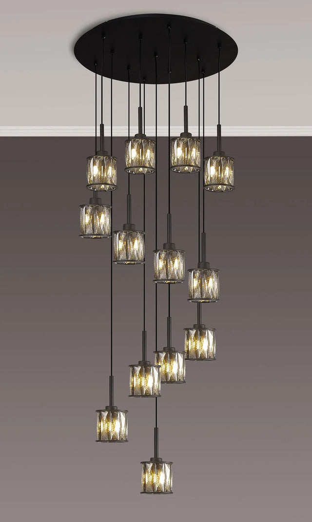 Swindlehirs 13 x G9 2.5m Round Multiple Pendant Satin Black/Smoke Crystal Shade