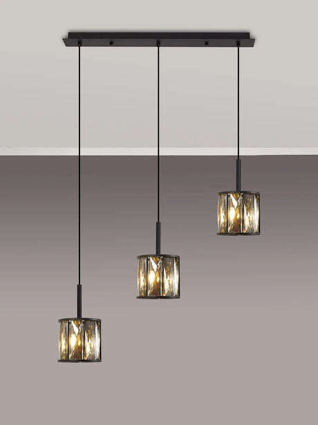 Swindlehirs 3 x G9 2m Linear Pendant Satin Black/Smoke Crystal Shade